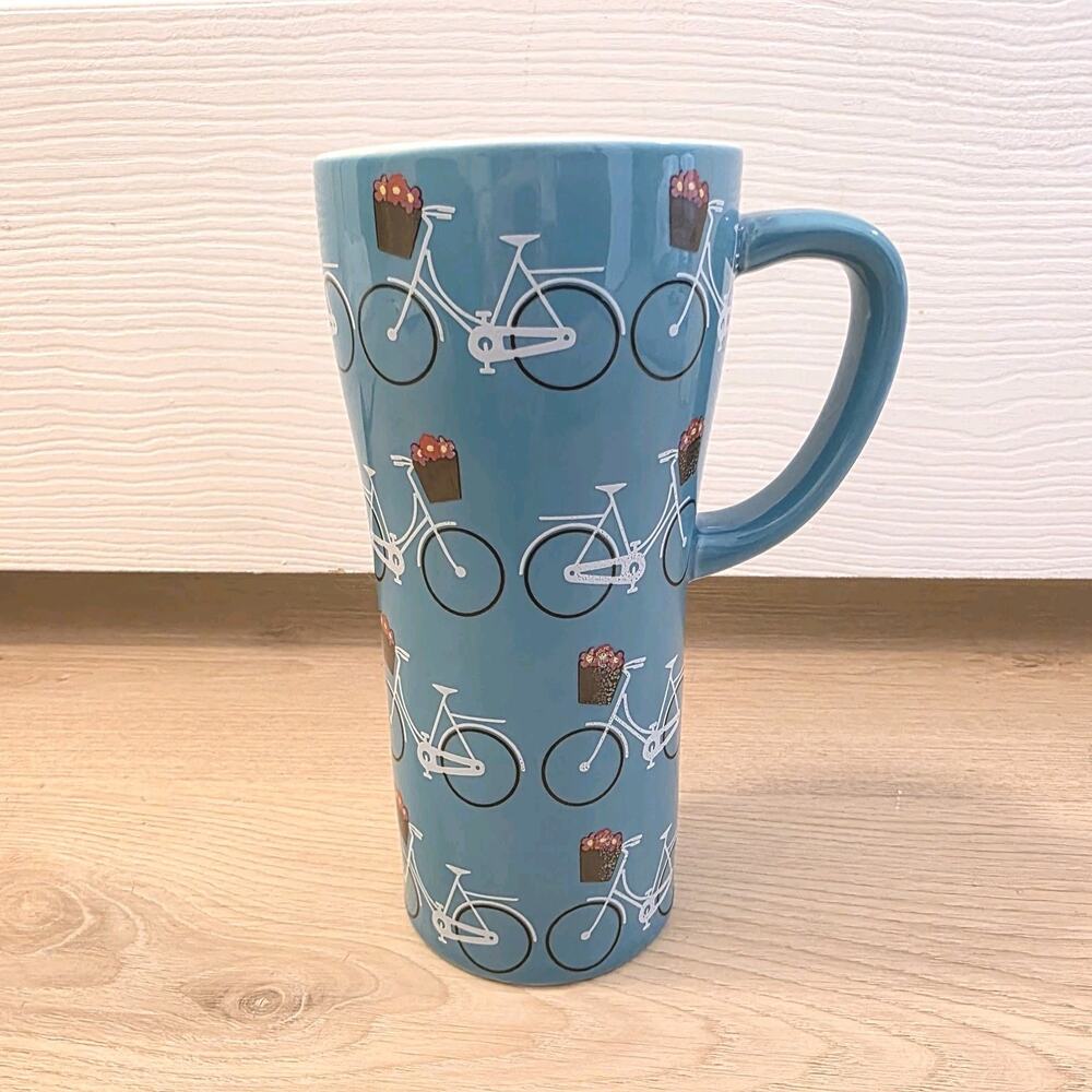 Tag Blue White Bicycle Print Tall Mug Glass Tea Coffee Hot Chocolate Unique